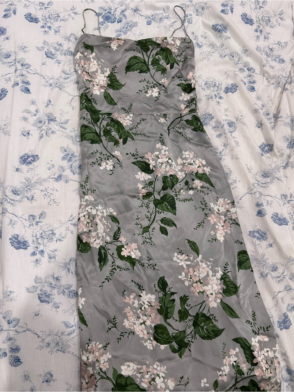 Reformation Frankie Satin Floral Maxi Dress in Sage Green - Picture 2 of 5